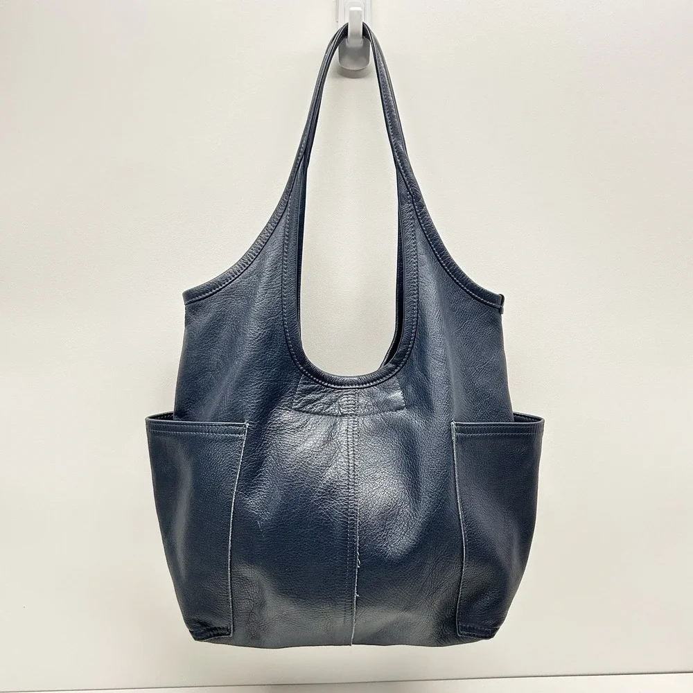 Rough and Tumble Leather Hobo Slouch Tote Bag Blue Pockets Made in Maine - Picture 2 of 16